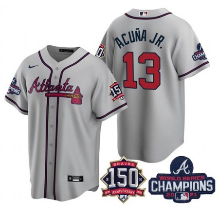 Men's Atlanta Braves #13 Ronald Acuna Jr. 2021 Grey World Series Champions With 150th Anniversary Patch Cool Base Stitched Jersey