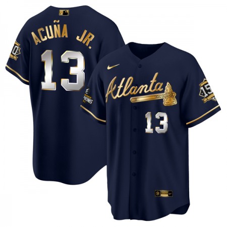 Men's Atlanta Braves #13 Ronald Acuna Jr. 2021 Navy/Gold World Series Champions With 150th Anniversary Patch Cool Base Stitched Jersey