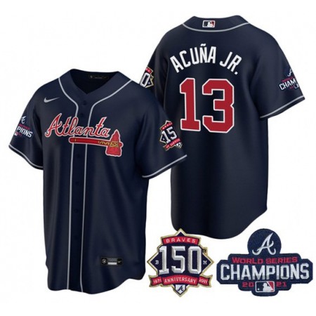 Men's Atlanta Braves #13 Ronald Acuna Jr. 2021 Navy World Series Champions With 150th Anniversary Patch Cool Base Stitched Jersey