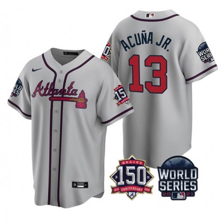 Men's Atlanta Braves #13 Ronald Acuna Jr. 2021 Gray World Series With 150th Anniversary Patch Cool Base Stitched Jersey