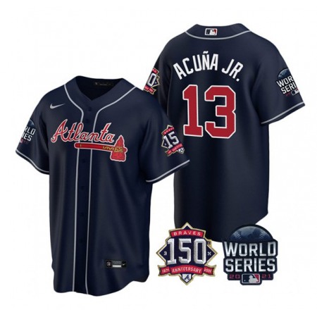 Men's Atlanta Braves #13 Ronald Acuna Jr. 2021 Navy World Series With 150th Anniversary Patch Cool Base Stitched Jersey