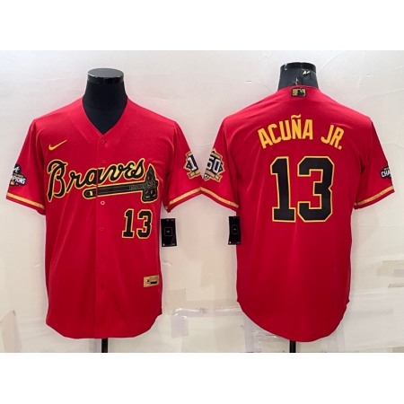Men's Atlanta Braves #13 Ronald Acuna Jr. Red Gold Cool Base Stitched Baseball Jersey