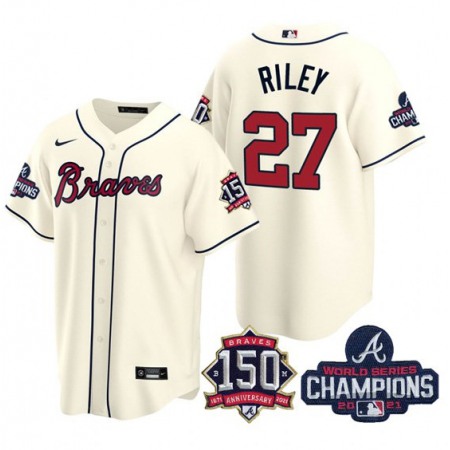 Men's Atlanta Braves #27 Austin Riley 2021 Cream World Series Champions With 150th Anniversary Patch Cool Base Stitched Jersey