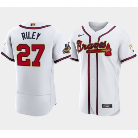 Men's Atlanta Braves #27 Austin Riley 2022 White/Gold World Series Champions Program Flex Base Stitched Baseball Jersey