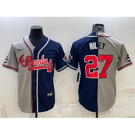 Men's Atlanta Braves #27 Austin Riley Gray Navy Two Tone Split Cool Base Stitched Baseball Jersey