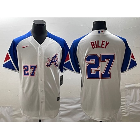 Men's Atlanta Braves #27 Austin Riley White 2023 City Connect Cool Base With Patch Stitched Baseball Jersey