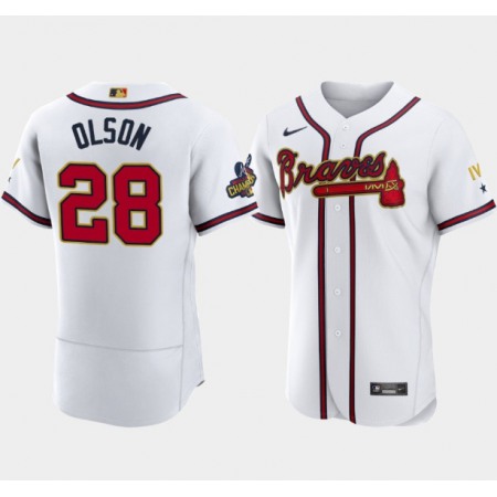 Men's Atlanta Braves #28 Matt Olson 2022 White/Gold World Series Champions Program Flex Base Stitched Baseball Jersey