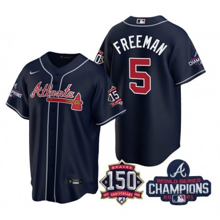 Men's Atlanta Braves #5 Freddie Freeman 2021 Navy World Series Champions With 150th Anniversary Patch Cool Base Stitched Jersey