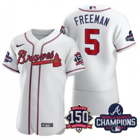 Men's Atlanta Braves #5 Freddie Freeman 2021 White World Series Champions With 150th Anniversary Flex Base Stitched Jersey