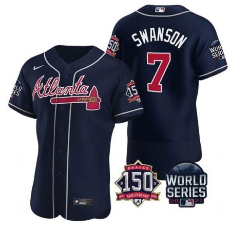 Men's Atlanta Braves #7 Dansby Swanson 2021 Navy World Series With 150th Anniversary Patch Stitched Baseball Jersey
