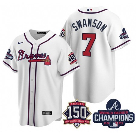 Men's Atlanta Braves #7 Dansby Swanson 2021 White World Series Champions With 150th Anniversary Patch Cool Base Stitched Jersey