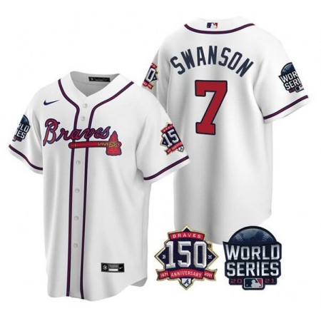 Men's Atlanta Braves #7 Dansby Swanson 2021 White World Series With 150th Anniversary Patch Cool Base Stitched Jersey