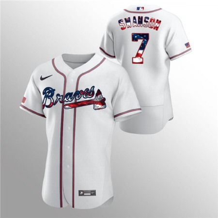 Men's Atlanta Braves #7 Dansby Swanson White 2020 Stars & Stripes Flex Base Stitched Jersey