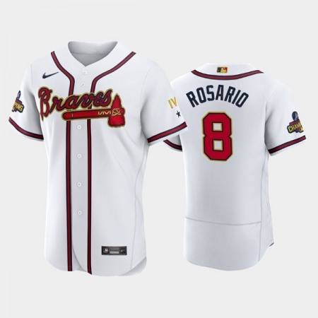 Men's Atlanta Braves #8 Eddie Rosario 2022 White/Gold World Series Champions Program Flex Base Stitched Baseball Jersey