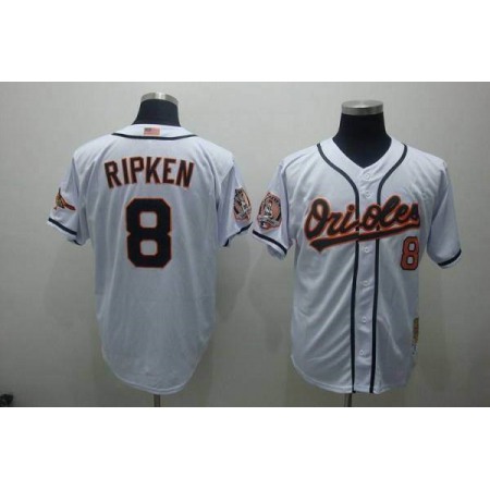 Mitchell and Ness Orioles #8 Cal Ripken Stitched White Throwback MLB Jersey