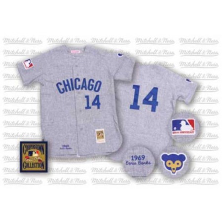 Mitchell and Ness Cubs #14 Ernie Banks Stitched Grey Throwback MLB Jersey