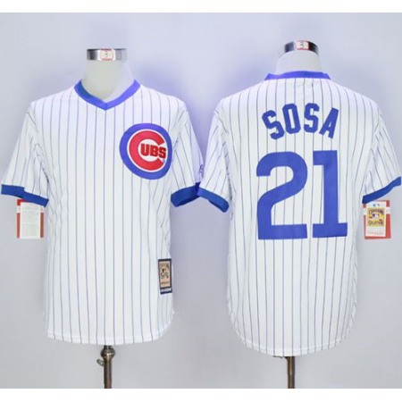 Cubs #21 Sammy Sosa White Strip Home Cooperstown Stitched MLB Jersey