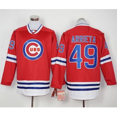 Cubs #49 Jake Arrieta Red Long Sleeve Stitched MLB Jersey