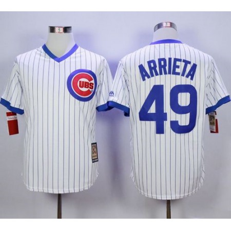 Cubs #49 Jake Arrieta White Strip Home Cooperstown Stitched MLB Jersey