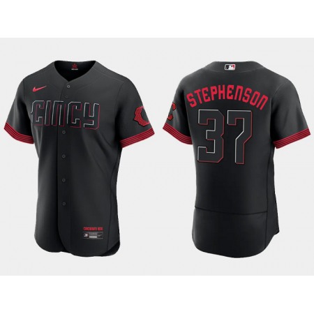Men's Cincinnati Reds #37 Tyler Stephenson Black 2023 City Connect Flex Base Stitched Jersey