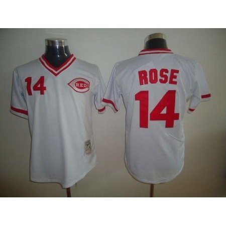 Mitchell and Ness Reds #14 Pete Rose Stitched White Throwback MLB Jersey