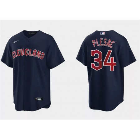 Men's Cleveland Guardians #34 Zach Plesac Navy Cool Base Stitched Jersey