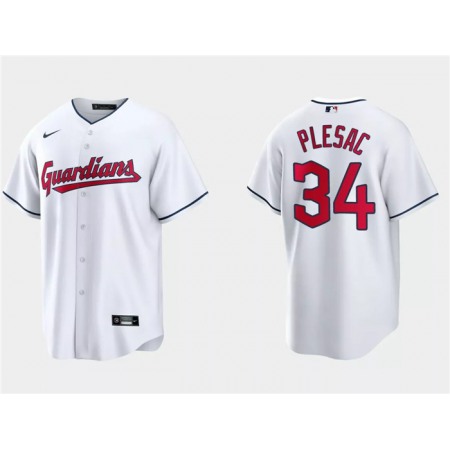 Men's Cleveland Guardians #34 Zach Plesac White Cool Base Stitched Jersey