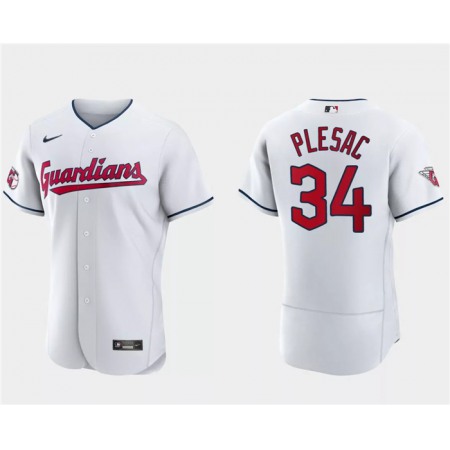 Men's Cleveland Guardians #34 Zach Plesac White Flex Base Stitched Jersey