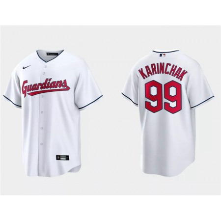 Men's Cleveland Guardians #99 James Karinchak White Cool Base Stitched Jersey
