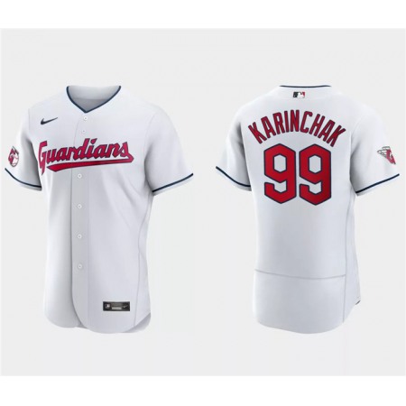 Men's Cleveland Guardians #99 James Karinchak White Flex Base Stitched Jersey