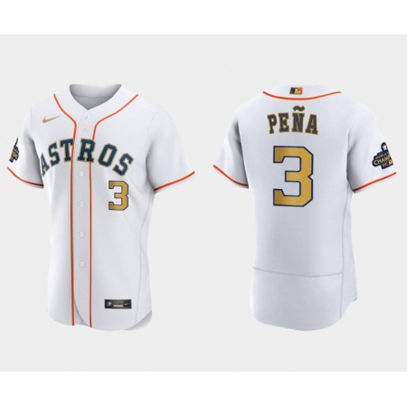 Men's Houston Astros #3 Jeremy Pena White 2023 Gold Collection With World Serise Champions Patch Stitched Baseball Jersey