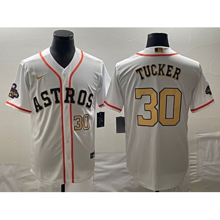 Men's Houston Astros #30 Kyle Tucker White 2023 Gold Collection With World Serise Champions Patch Cool Base Stitched Baseball Jersey