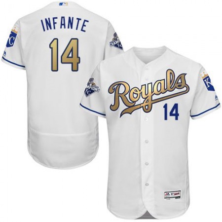 Royals #14 Omar infante White 2015 World Series Champions Gold Program FlexBase Authentic Stitched MLB Jersey