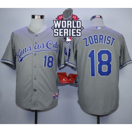 Royals #18 Ben Zobrist Grey Cool Base W/2015 World Series Patch Stitched MLB Jersey