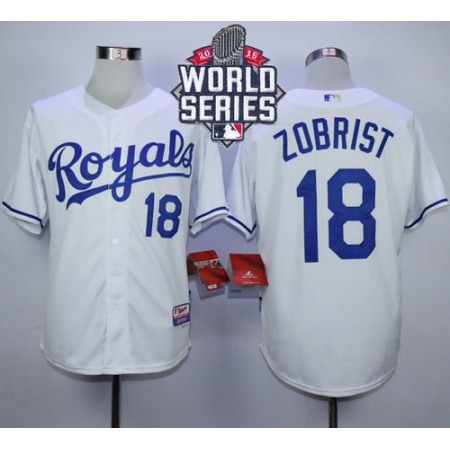 Royals #18 Ben Zobrist White Cool Base W/2015 World Series Patch Stitched MLB Jersey
