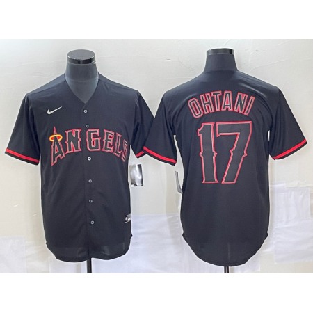 Men's Los Angeles Angels #17 Shohei Ohtani Black Red Cool Base Stitched Jersey