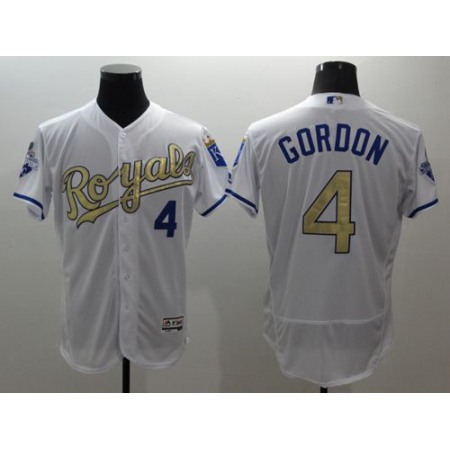 Royals #4 Alex Gordon White 2015 World Series Champions Gold Program FlexBase Authentic Stitched MLB Jersey