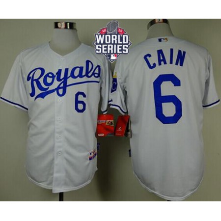 Royals #6 Lorenzo Cain White Cool Base W/2015 World Series Patch Stitched MLB Jersey