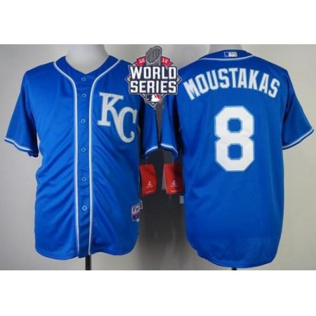 Royals #8 Mike Moustakas Blue Alternate 2 Cool Base W/2015 World Series Patch Stitched MLB Jersey