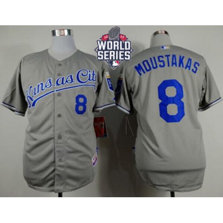 Royals #8 Mike Moustakas Grey Cool Base W/2015 World Series Patch Stitched MLB Jersey