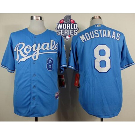 Royals #8 Mike Moustakas Light Blue Alternate 1 Cool Base W/2015 World Series Patch Stitched MLB Jersey