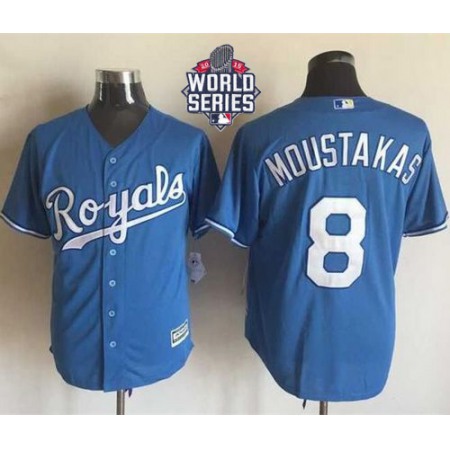 Royals #8 Mike Moustakas Light Blue Alternate 1 New Cool Base W/2015 World Series Patch Stitched MLB Jersey