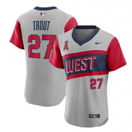 Men's Los Angeles Angels #27 Mike Trout 2021 Grey Little League Classic Road Flex Base Stitched MLB Jersey