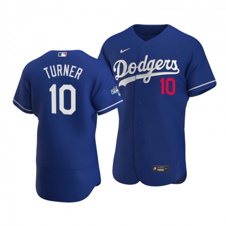 Men's Los Angeles Dodgers #10 Justin Turner 2020 Royal World Series Champions Patch Flex Base Sttiched Jersey