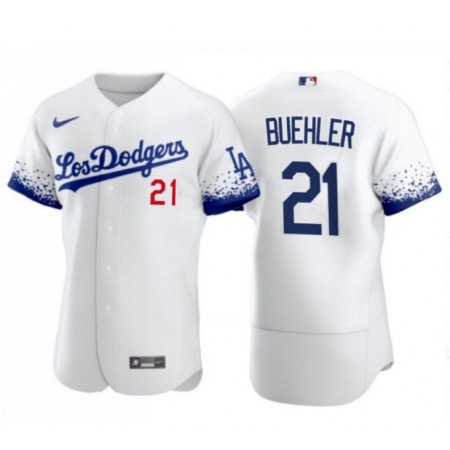 Men's Los Angeles Dodgers #21 Walker Buehler 2021 White City Connect Flex Base Stitched Baseball Jersey