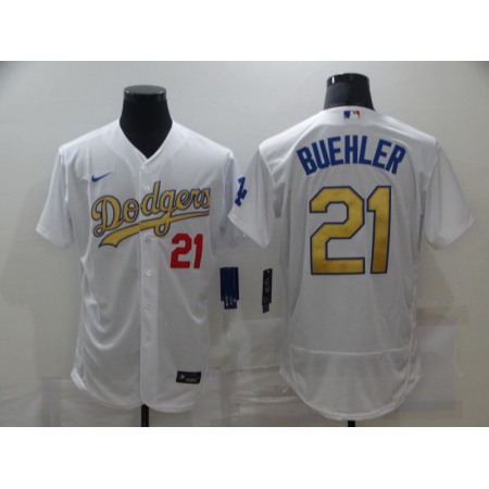 Men's Los Angeles Dodgers #21 Walker Buehler 2021 White Gold Sttiched Jersey