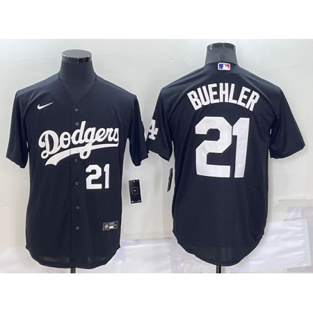 Men's Los Angeles Dodgers #21 Walker Buehler Black Cool Base Stitched Baseball Jersey