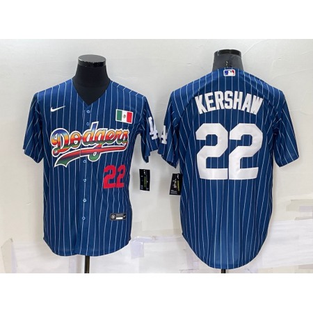 Men's Los Angeles Dodgers #22 Clayton Kershaw Navy Mexico Rainbow Cool Base Stitched Baseball Jersey