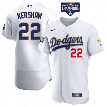 Men's Los Angeles Dodgers #22 Clayton Kershaw White Gold Championship Flex Base Sttiched MLB Jersey