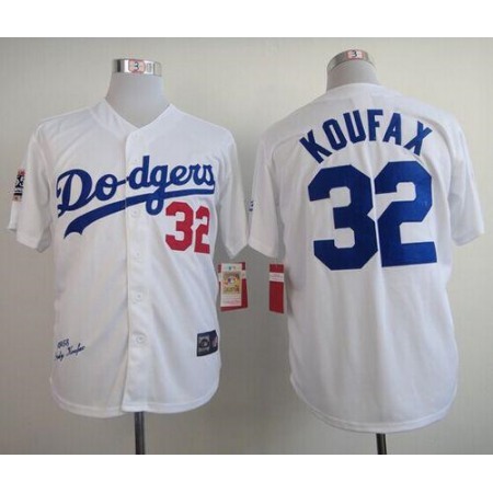 Mitchell and Ness 1958 Dodgers #32 Sandy Koufax White w/1955 World Patch Majestic Stitched MLB Jersey